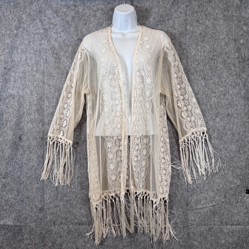 Y2K Rue21 Sheer Lace Open Kimono Size M Ivory Boho Fringe Festival Hippie